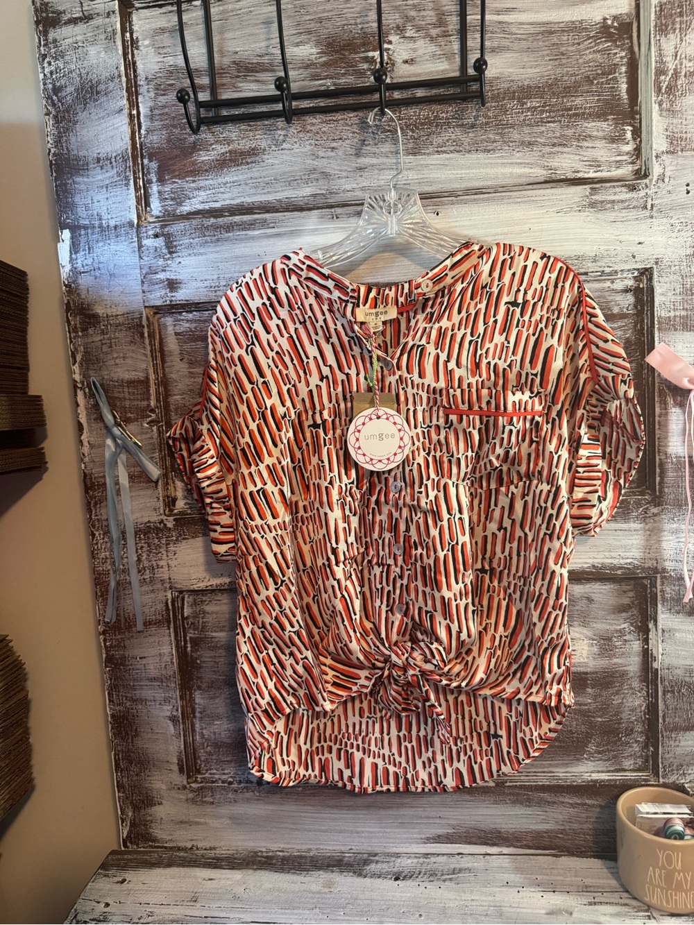 Umgee Women's Coral Multi-Print Knot Front Top